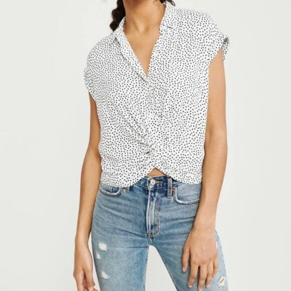 Abercombie & Fitch Twist Front Button Up Shirt, S Black & White Polka Dot - Picture 1 of 10